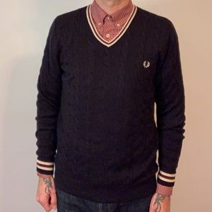 Fred Perry cable V-Neck Sweater Navy